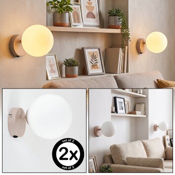 Applique murale moderne Gastor en lot de 2 avec abat-jour rond en verre blanc