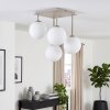 Plafonnier moderne Gastor, quatre abat-jour ronds en verre blanc, structure sable