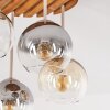 Plafonnier moderne Koyoto à 4 abat-jour en verre clair, socle à lamelles de bois
