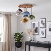Plafonnier moderne Koyoto, 4 abat-jour en verre multicolores et lattes de bois