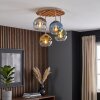 Plafonnier moderne Koyoto, 4 abat-jour en verre multicolores et lattes de bois