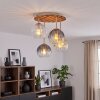 Plafonnier Koyoto moderne à 4 lumières, socle à lattes de bois, abat-jour ambrés