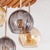 Plafonnier Koyoto à 4 lumières, socle rond à lattes de bois, abat-jour fumés et ambrés