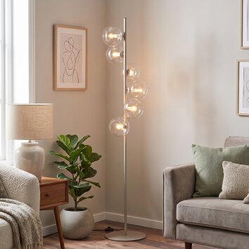 Lampadaire Koyoto moderne à 6 lumières, abat-jour ronds en verre clair en colonne, E14
