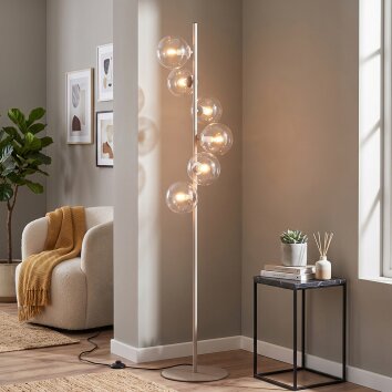 Lampadaire Gastor à 6 lumières avec abat-jour ronds en verre clair, pour le coin lecture