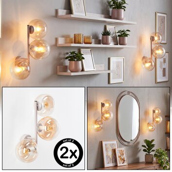 Applique murale moderne Gastor en set de 2, à trois abat-jour en verre ambre et clair