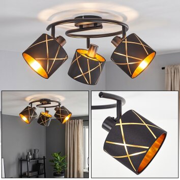 Plafonnier moderne Opatija à trois abat-jour coniques noirs à motifs dorés orientables