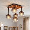 Plafonnier moderne Koyoto, 5 lumières, lamelles en bois écru, abat-jour fumé et clair
