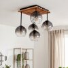 Plafonnier moderne Koyoto, 5 lumières, lamelles en bois écru, abat-jour fumé et clair
